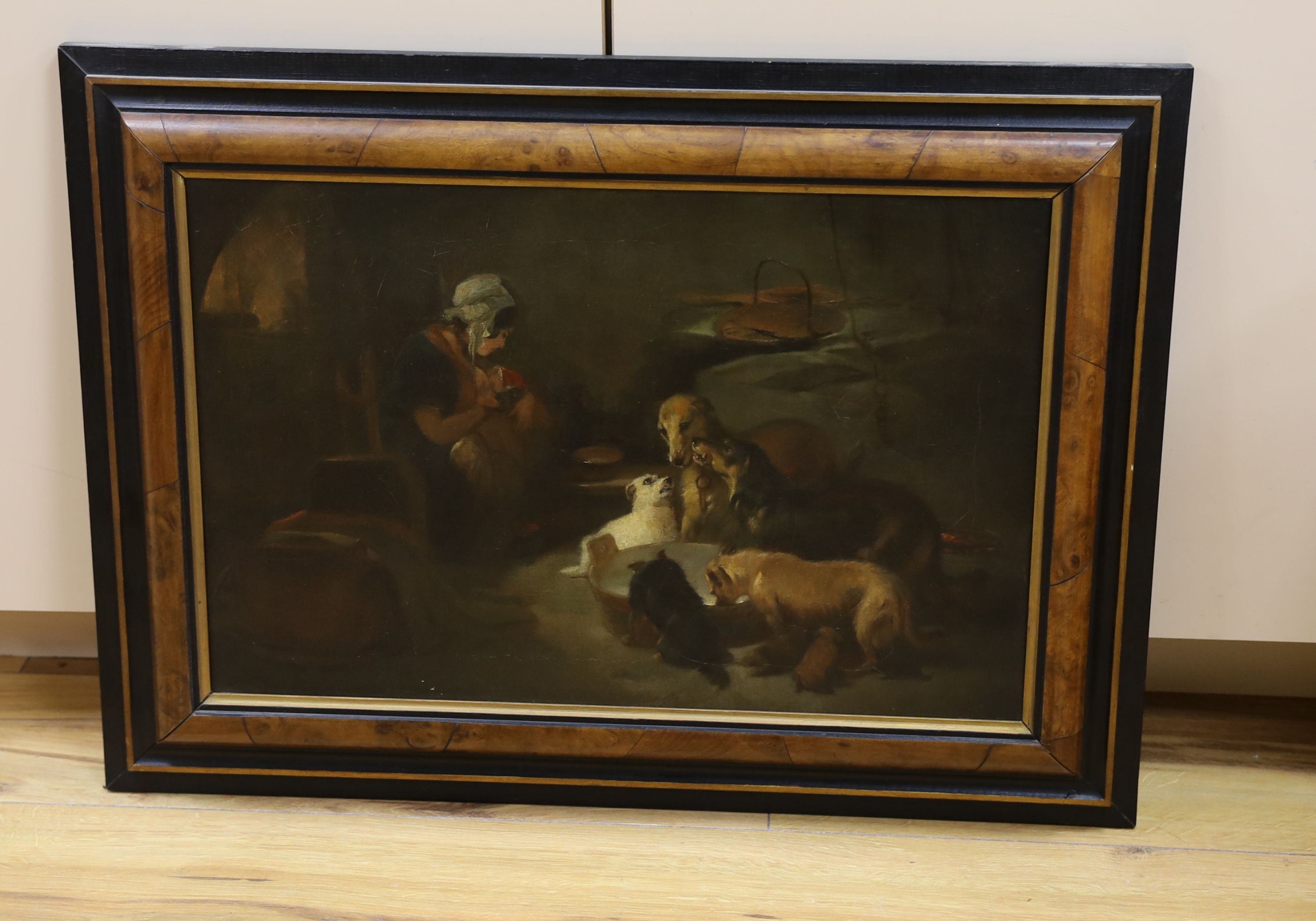 James Rolfe, oil on canvas, 'A Highland Breakfast', interior with woman and dogs, signed, 34 x 52cm